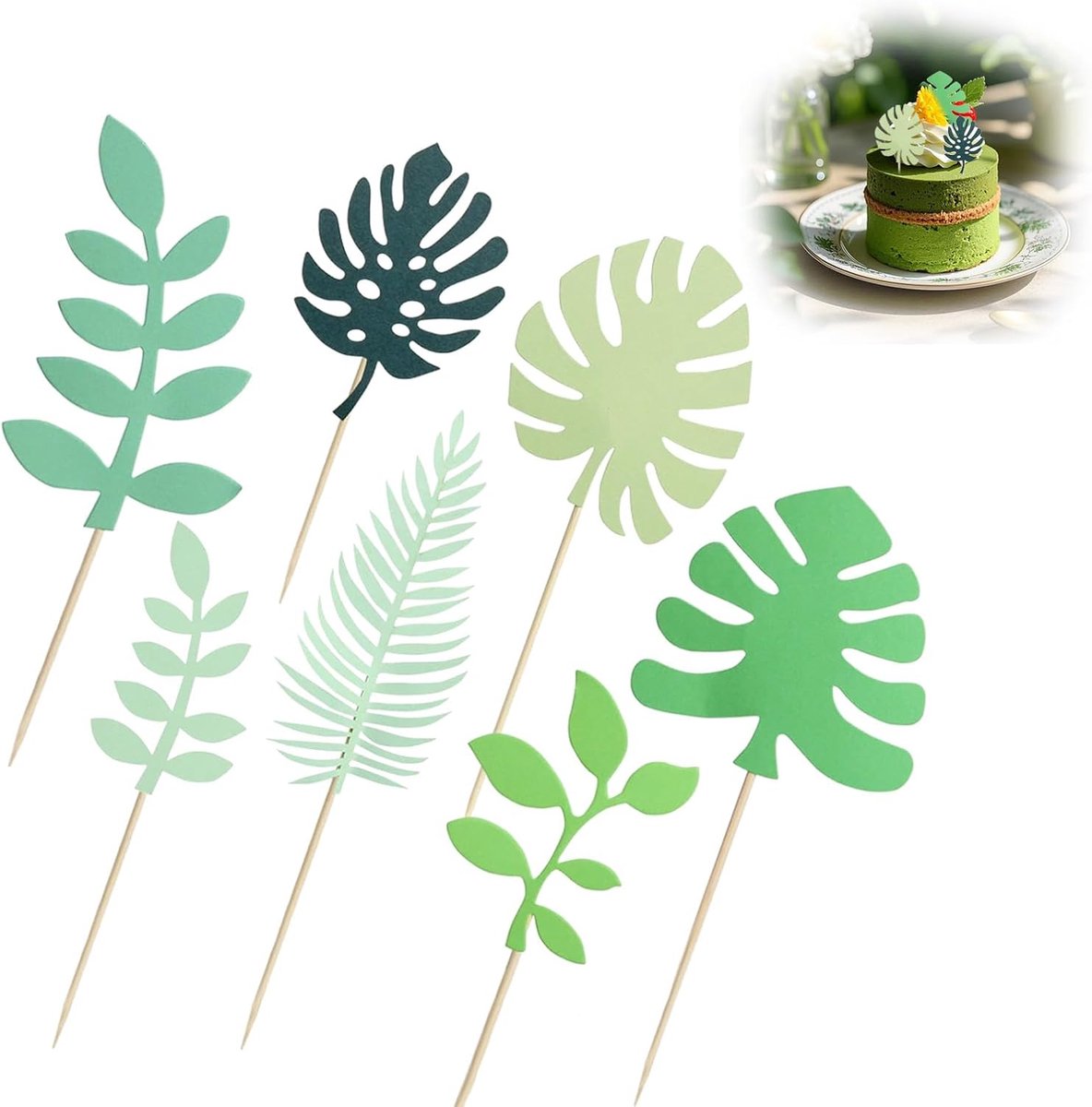 SnelShoppen - Set van 7 Tropische Groene Bladvormige Taartdecoraties - Verjaardagstaart Decoratie voor Jungle Vaiana Thema - Baby Shower, Familie Dine