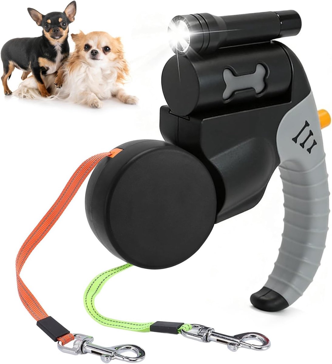 SnelShoppen - Intrekbare hondenriem voor 2 honden, 3 m dubbele lijn met licht, flexibele antislip handgreep, ideaal voor kleine en middelgrote honden,