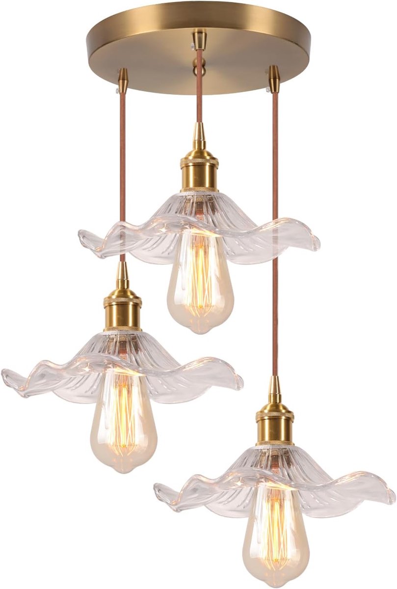SnelShoppen - Vintage Glazen Hanglamp Bloem Brass Goud Chandelier voor Woonkamer, Eetkamer, Keuken en Slaapkamer - Moderne Art Deco Stijl, 22.5 cm, Ho