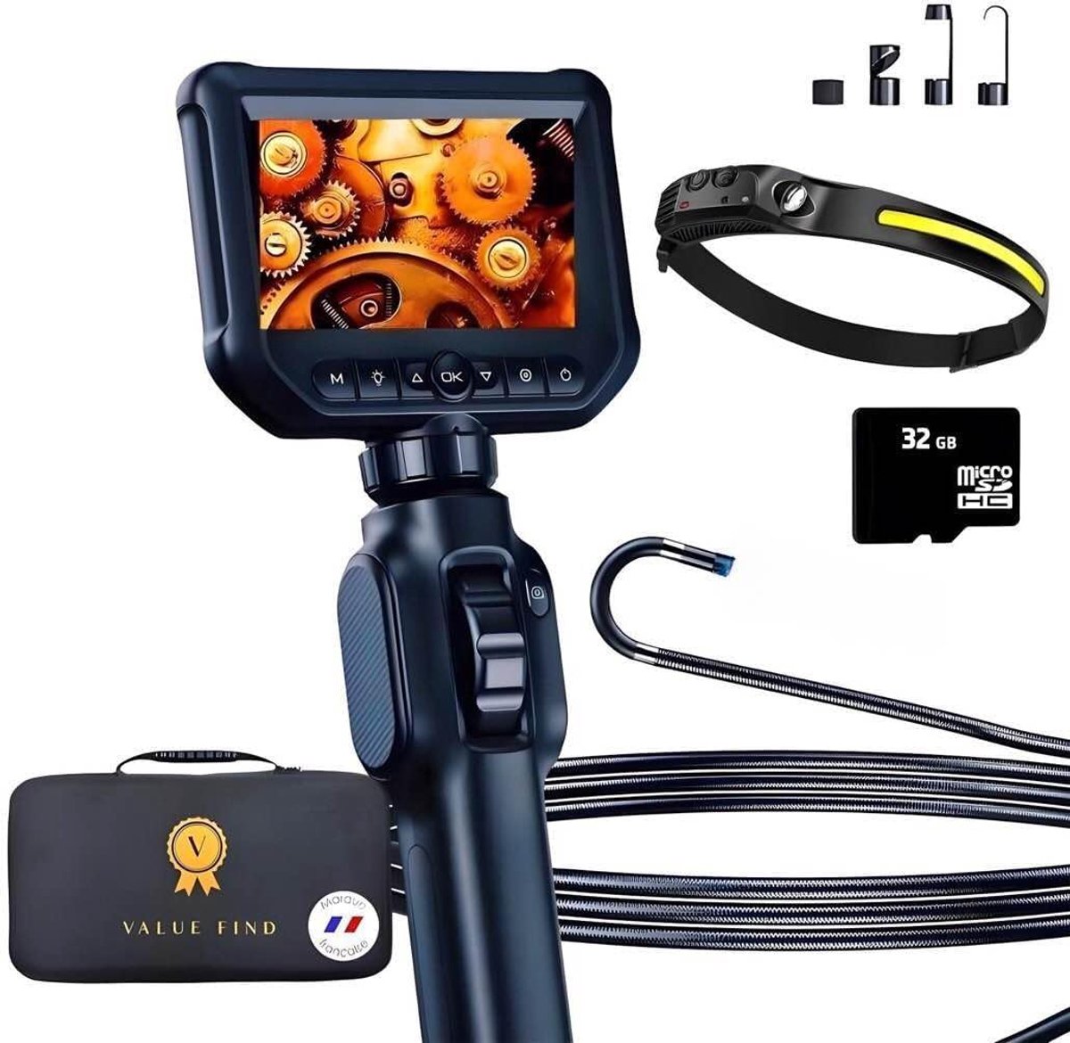 SnelShoppen - Endoscopische Camera 1920P met Autofocus, 360° Rotatie, Controle Scherm, 1m Kabel, SD Kaart, Transporttas en Beweegbare Hoofdlamp