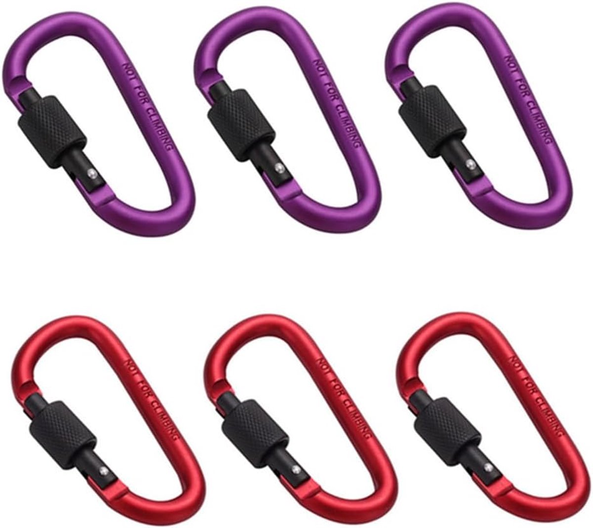 SnelShoppen - Carabiner Sleutelhanger Set 6 Stuks Aluminium Legering D-Vorm Rood Paars Multi-Functioneel met Schroefsluiting voor Camping, Wandelen, F