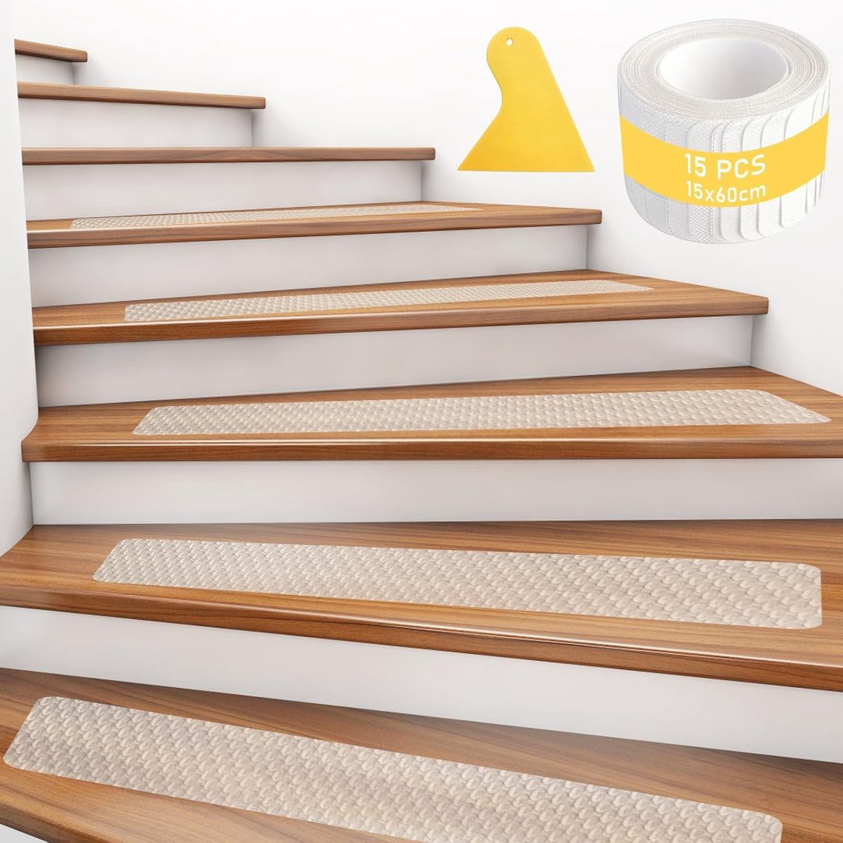 15 stuks zelfklevende trapmatten, antislip en waterdicht voor houten treden, 15 x 60 cm, veilig en stijlvol, ideaal voor binnengebruik