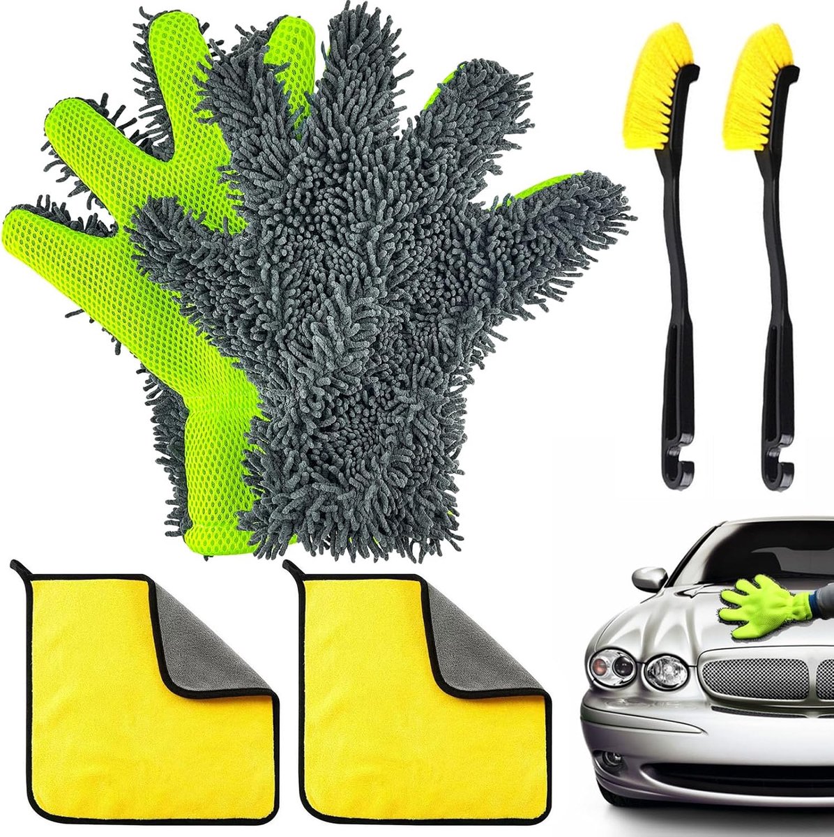 SnelShoppen - Set van 6 Auto Wasdoeken Vingerset Coral Fleece Shag Handschoenen voor Schoonmaken van Auto's, Fietsen, Motoren, Spiegels en Glas - Lint