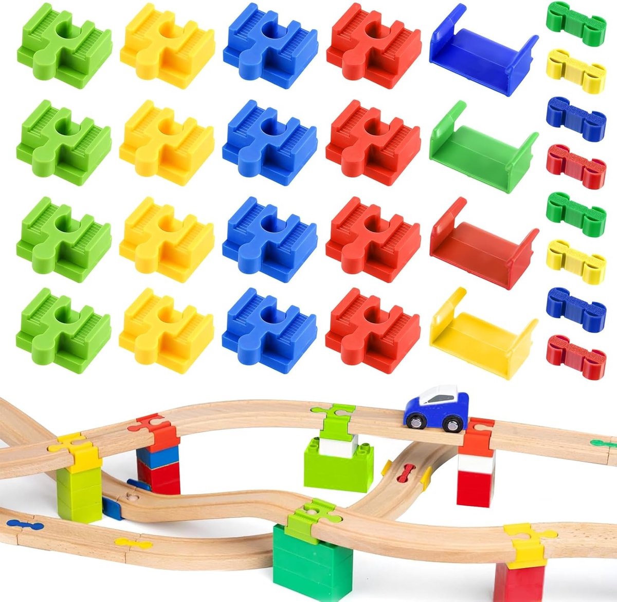 Houten spoorbaanadapter set met 28 accessoires, railverbinders voor houten treinbanen, geschikt voor kinderen van 3 tot 7 jaar