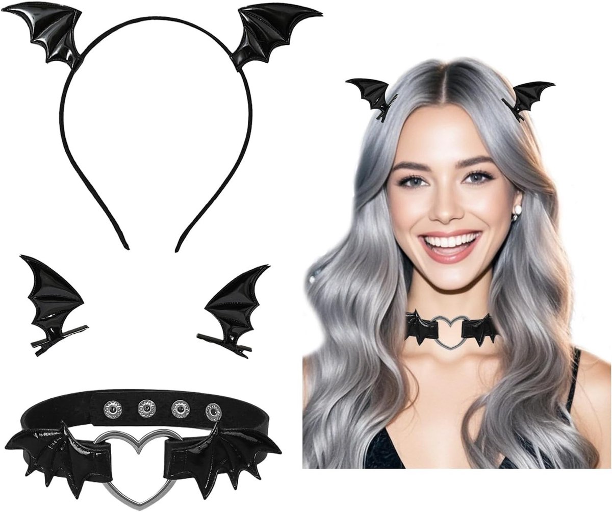 Halloween Kostuums met Vleermuis Haaraccessoires, Vleermuis Haarclips, Vleermuis Hoofdband en Sexy Vleermuis Kraag voor Vrouwen tijdens Halloween en Carnaval