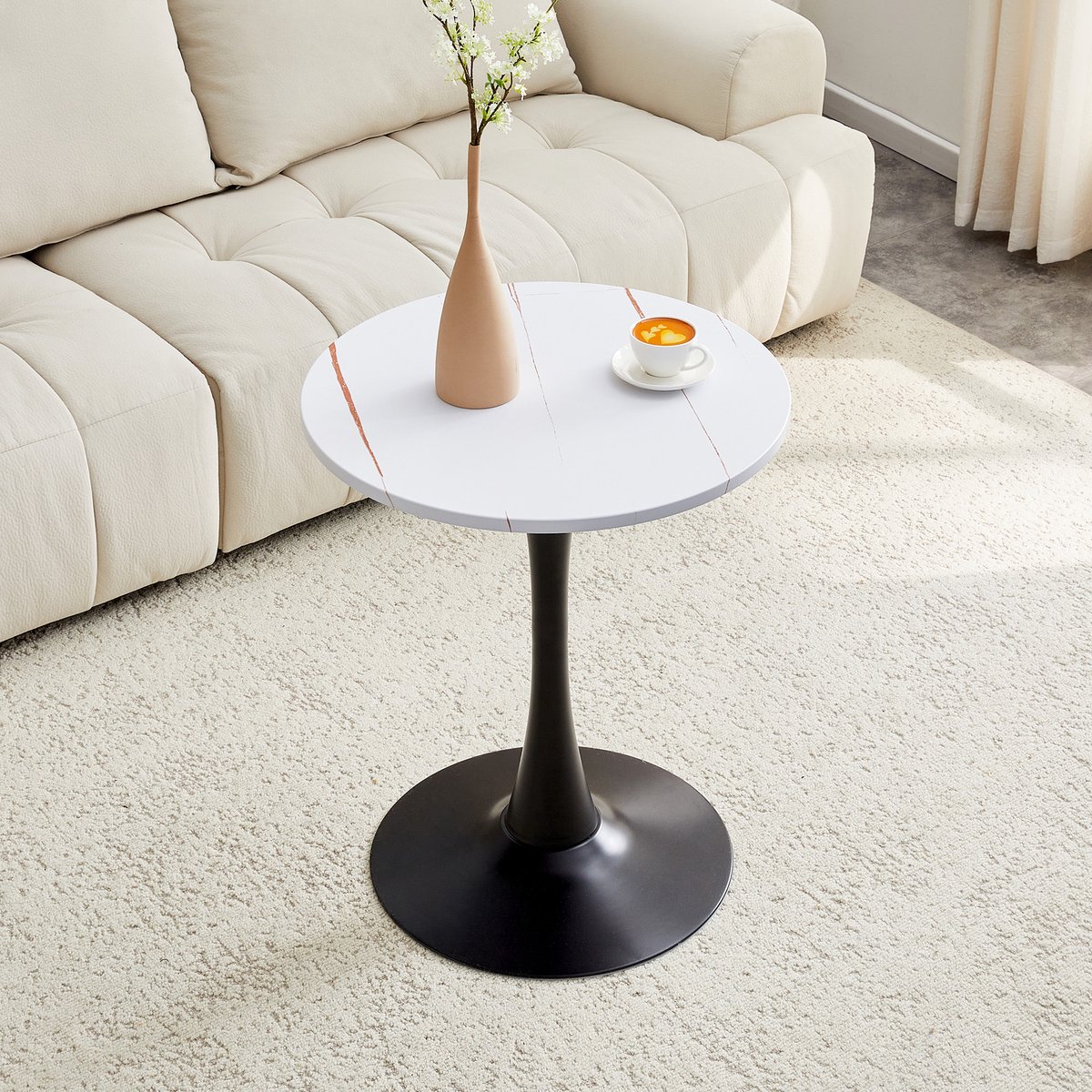 COVREO Bijzettafel 60x60x72 cm - wit MDF tafelblad, zwart metalen onderstel, rond