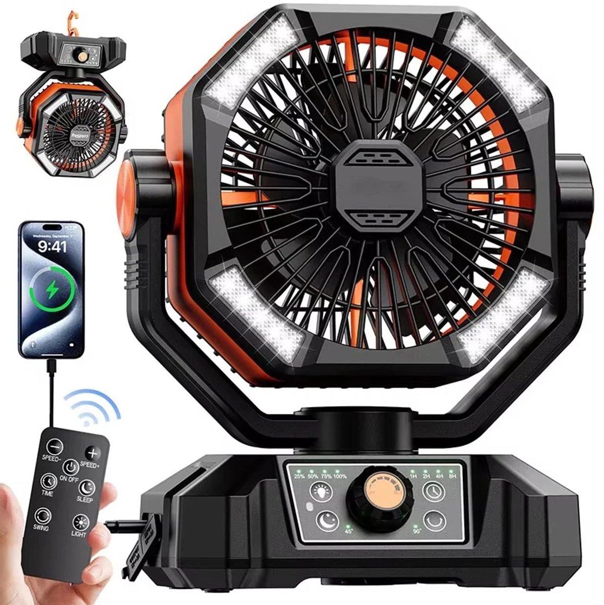 Archi Campingventilator 20.000 mAh – Ventilatie - 8 Snelheden – LED-Verlichting – Afstands-bediening – Powerbank – Oplaadbare ventilator