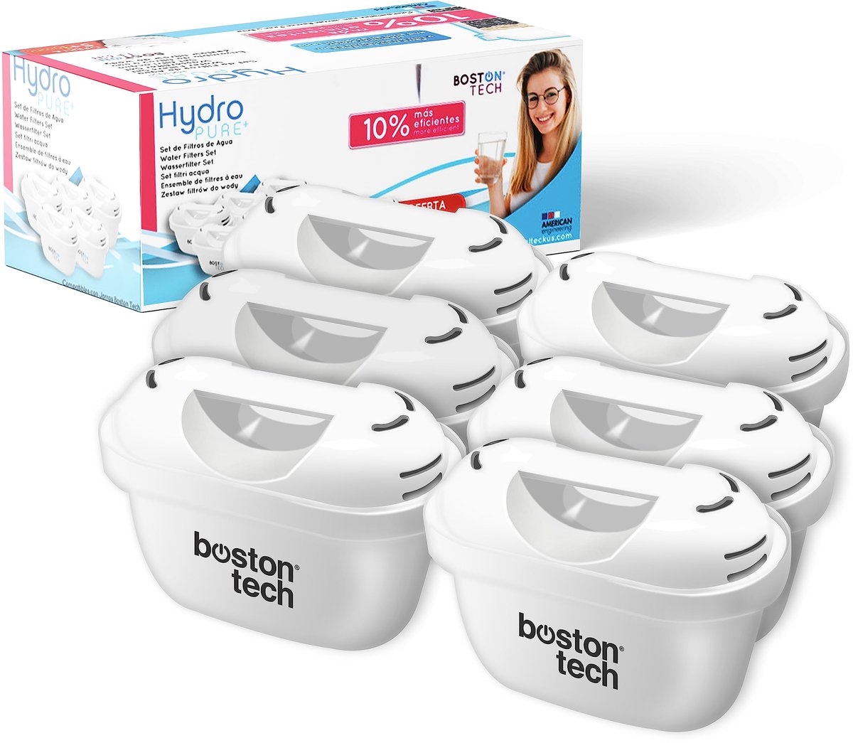 SnelShoppen - Waterfilter Boston Tech 6 Hydro Pure + Cartridges, Compatibel met Brita Maxtra, Vermindert Kalkaanslag, Chloor en Microplastics, 12 Maan