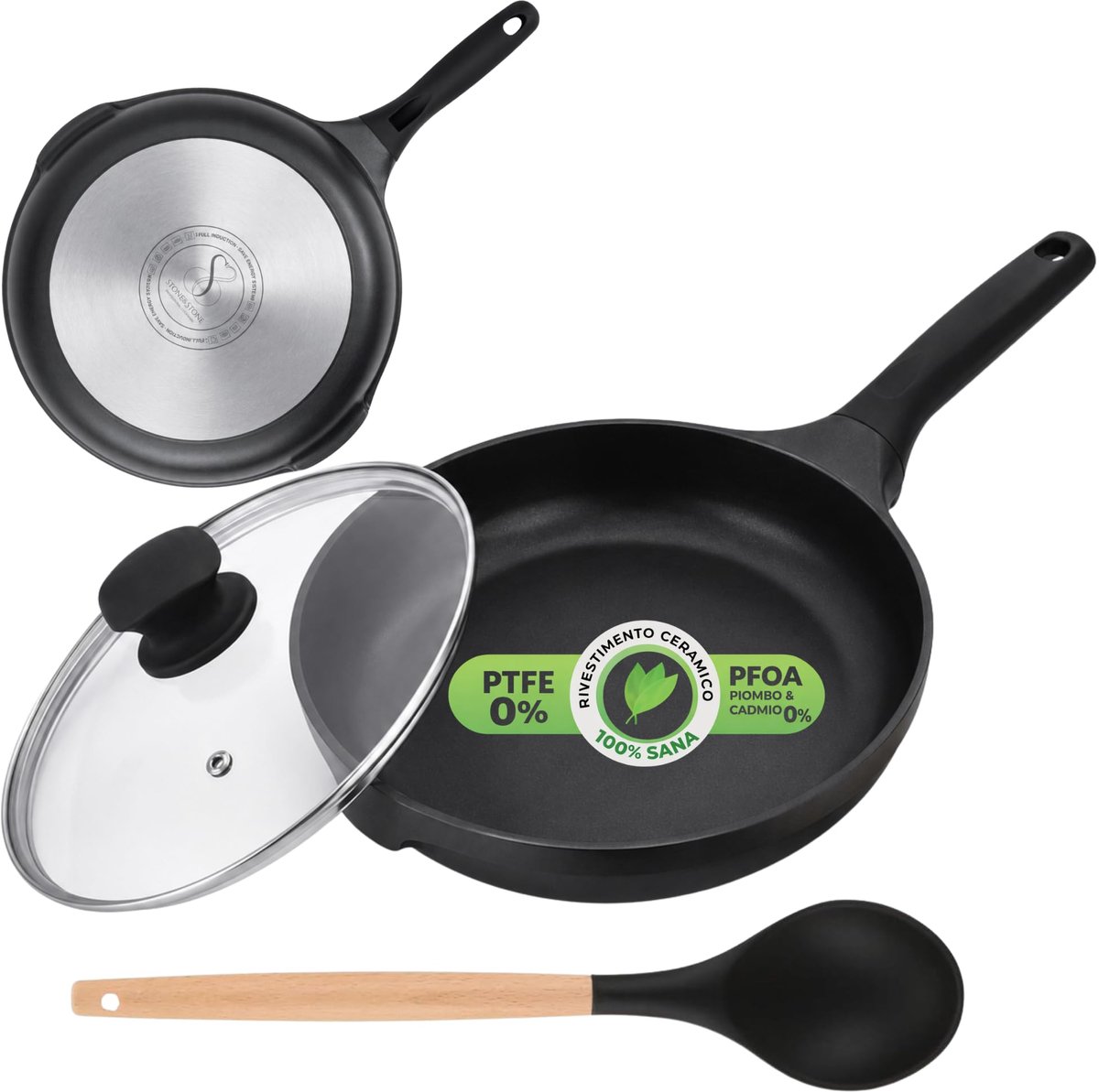 SnelShoppen - Inductie Koekenpan 28cm met Glazen Deksel en Lepel, Anti-aanbak Keramische Pan, Volledig Stalen Bodem, PFAS PFOA PTFE Vrij, Perfect voor