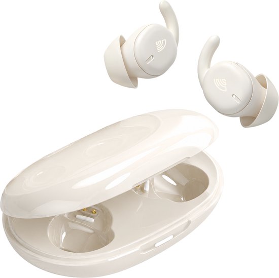 Twee witte draadloze oordopjes zwevend boven een open beige oplaadhoes.