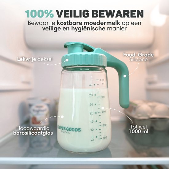 Vulpes Goods® Babycare - Milk Pitcher - Melkkan met Deksel - Moedermelk Bewaarfles Glas - ook Voor Babyvoeding & Formula - Lekvrij - BPA-vrij - 1000 ml - Incl. Schoonmaakborstel van Vulpes Goods® — afbeelding 3