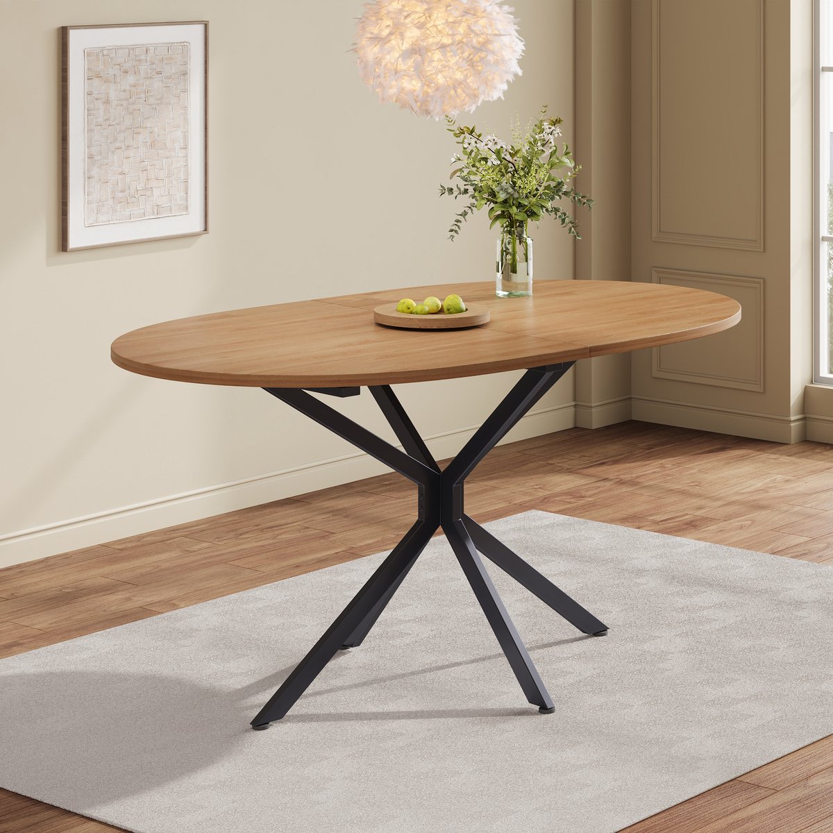 COVREO Eettafel 120 x 80 x 75,5 cm – ovaal, naturel MDF, metalen X-poten, 4-6 personen