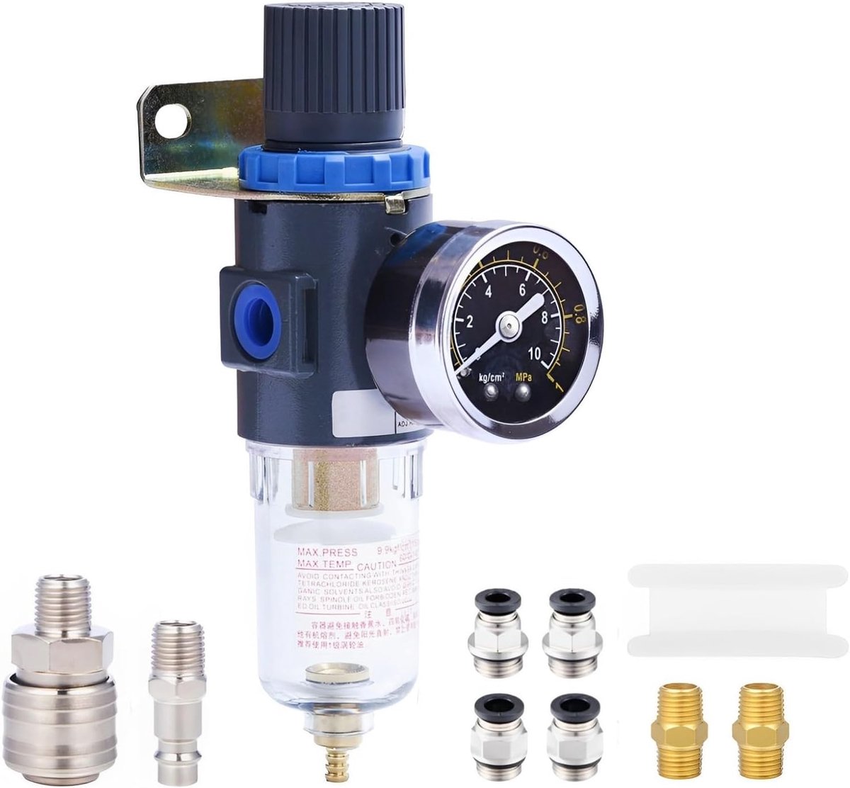 SnelShoppen - Compressed Air Water Separator Pressure Regulator 1/4 inch Filter met Snelsluiting, Inclusief Messing Fittingen en Draadafdichtband