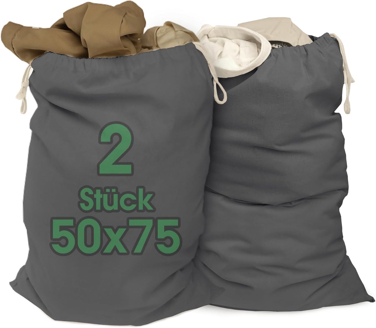 SnelShoppen - 2 Stuks Waszakken 50 x 75 cm van 100% Katoen - Extra Grote, Duurzame Waszakken met Treksluiting in Grijs - Ideaal voor Wasverzameling en