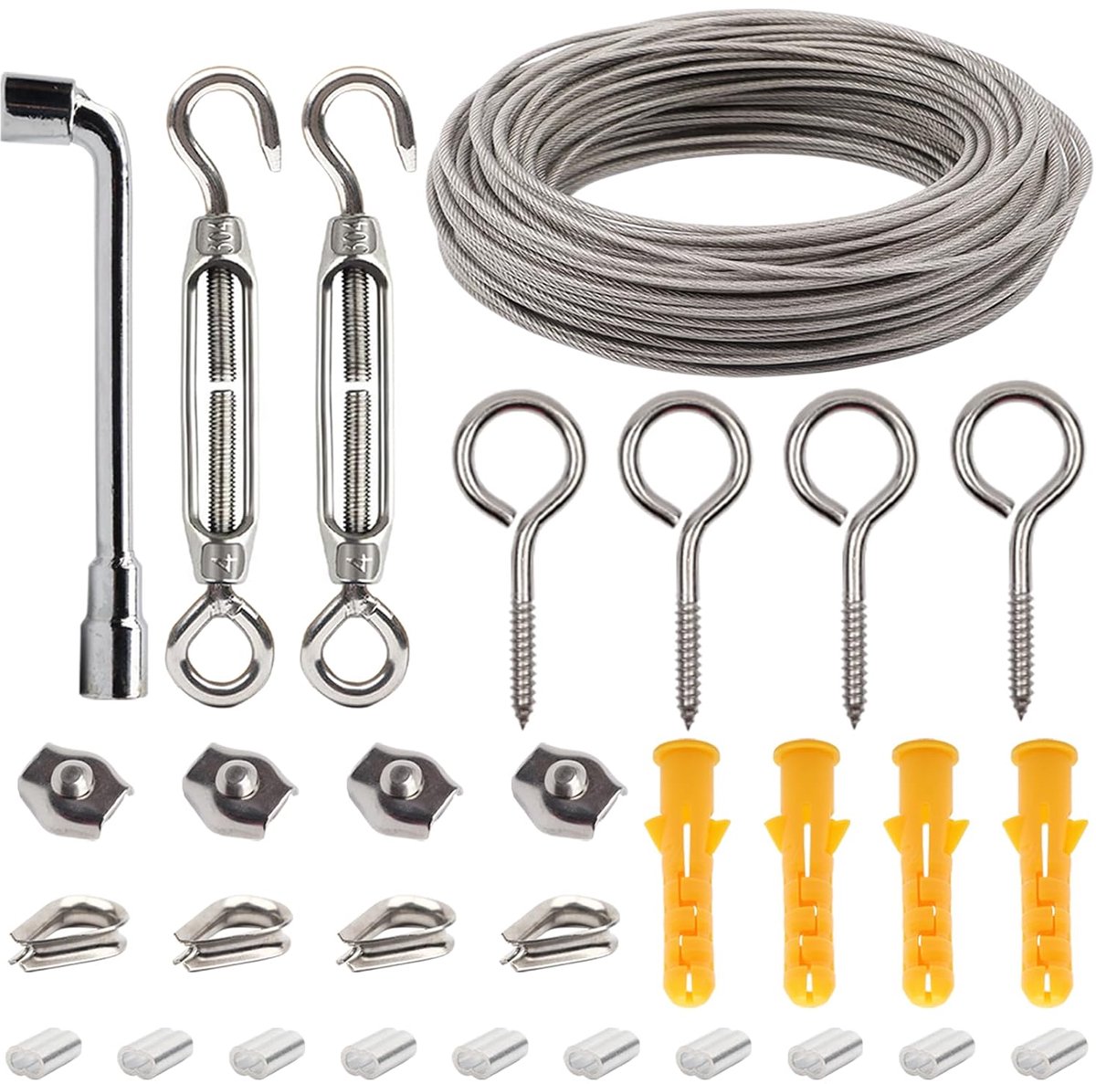 SnelShoppen - Wire Rope 15 m 2 mm Rvs 304 Stalen Kabelset met Oogjes en Spanklemmen voor Licht Ophangen, Kledinglijn, Gordijn Trekkoord