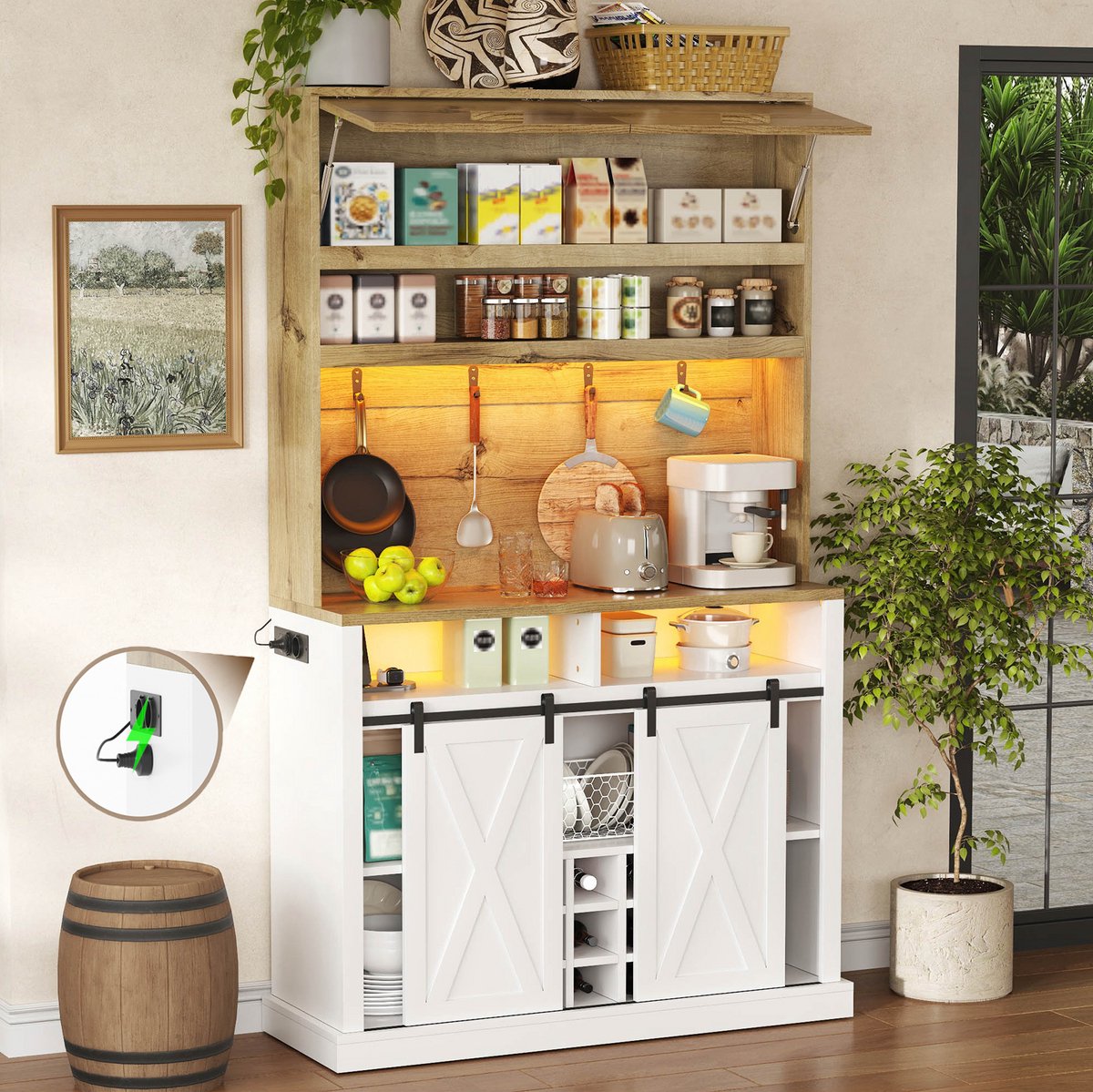 HAUSS SPOLE Keukenkast - Hoge Opbergkast Met Led, Stopcontact En Vitrine - Voor Keuken En Eetkamer - MDF - 110x40x191 Cm - Naturel Wit