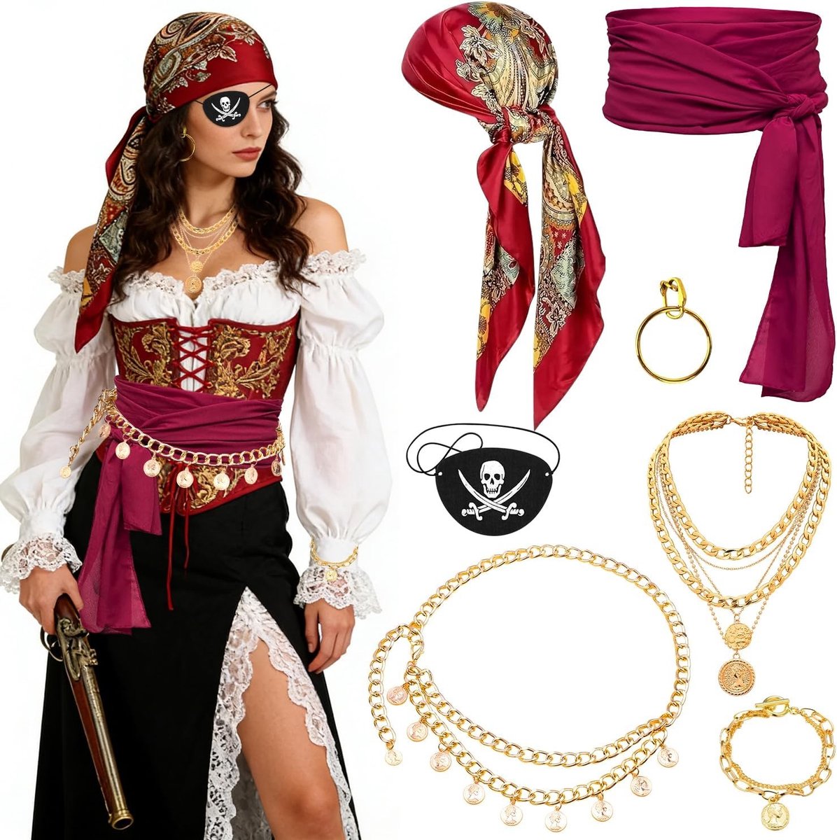 Complete Piraten Kostuum Accessoires Set voor Vrouwen met Hoofddoek, Ketting, Armbanden en Oogmasker voor Halloween en Piratenfeest