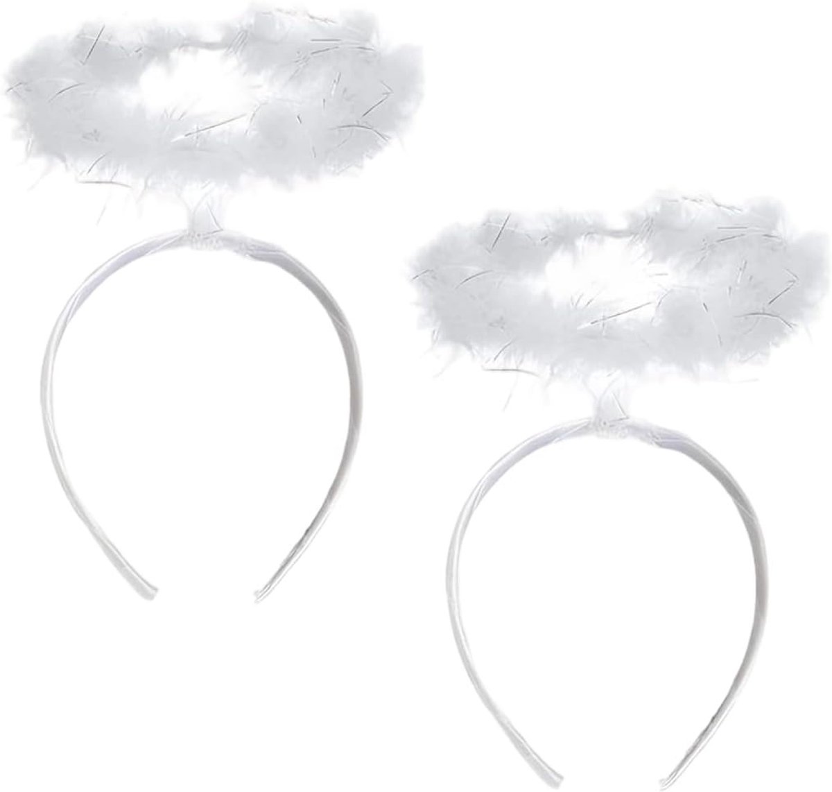 Haarband met engelenheiligheidschijn van veren en pluche, ideaal kostuumaccessoire voor Halloween en Kerstmis, wit met zilveren reflecties, feestelijke look
