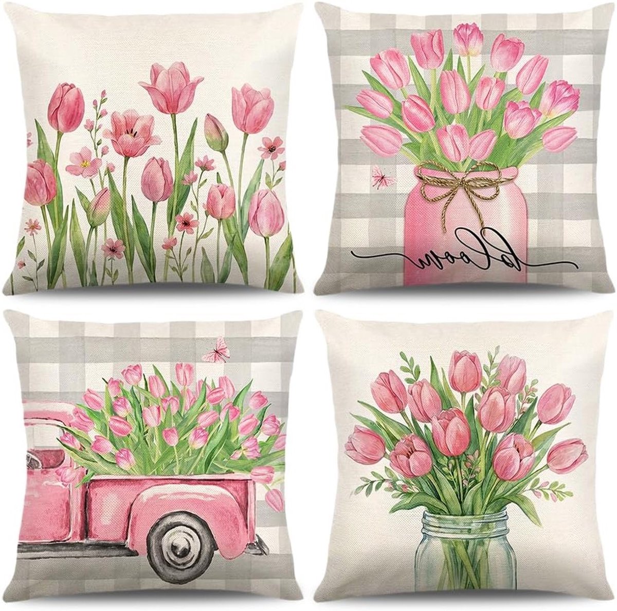 Decoratieve Kussenhoezen Set van 4, Bloemenprint, 40 x 40 cm, Voor Sofa en Thuisdecoratie, Polyester en Linnen, Lente Tuinstijl