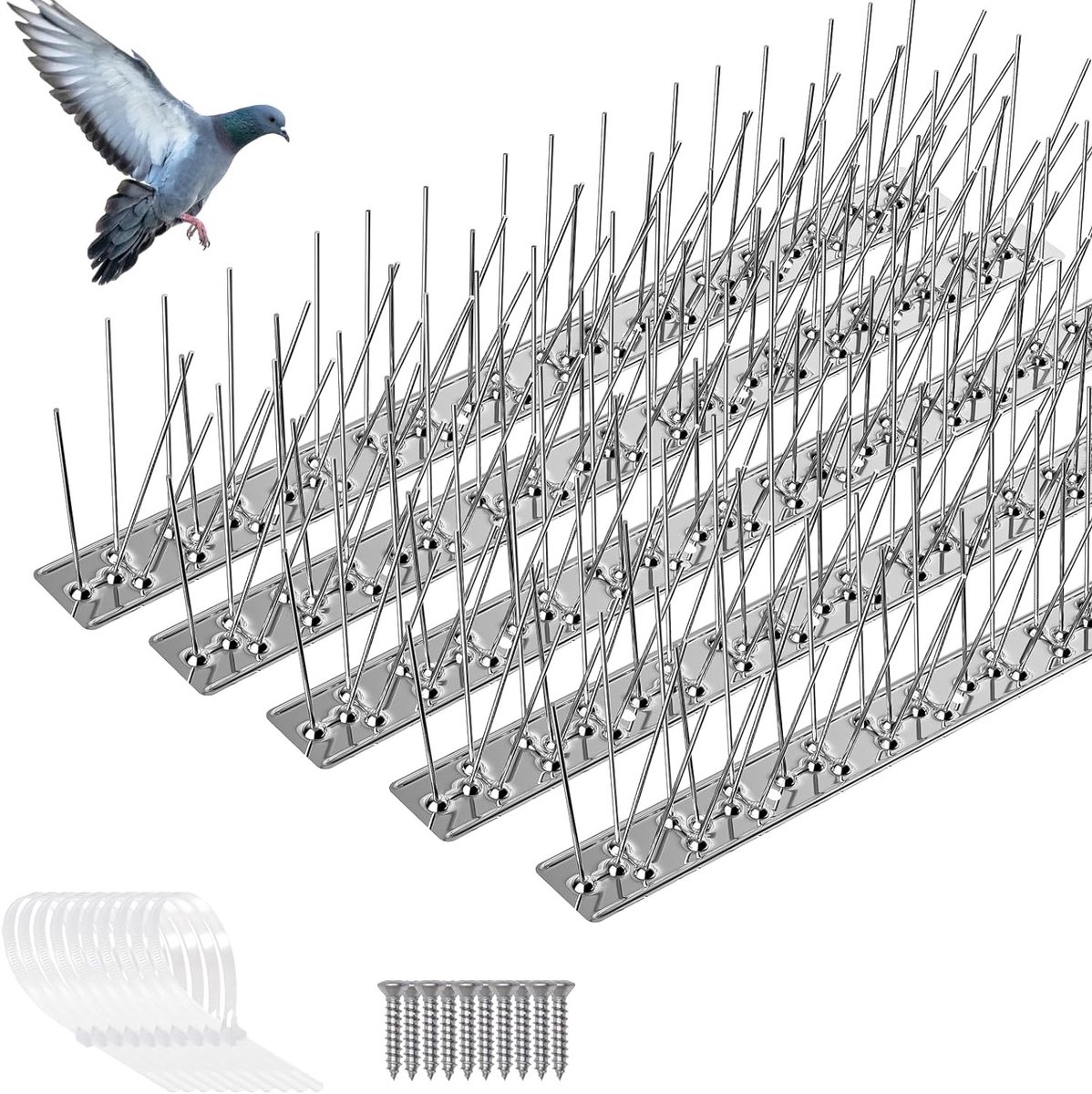Pigeon Defense Spikes 4.15 m met Schroeven en Kabelbinders, Roestvrij Staal, Vogels Afschrikken, Hoge Kwaliteit, Antiroest, Voor Balkon, Vensterbank, Dak en Tuin