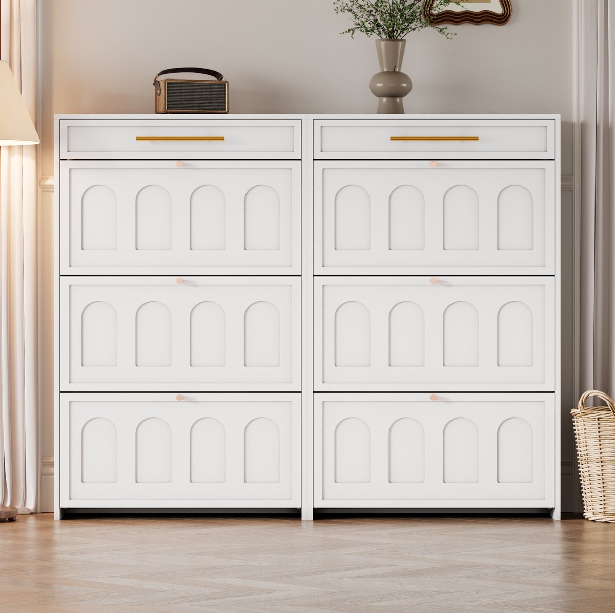 DESMIU Schoenenkast - Set Van 2 Met 12 Verstelbare Vakken En 2 Lades - Voor Hal En Kantoor - MDF - 140x25x123,5 Cm - Wit