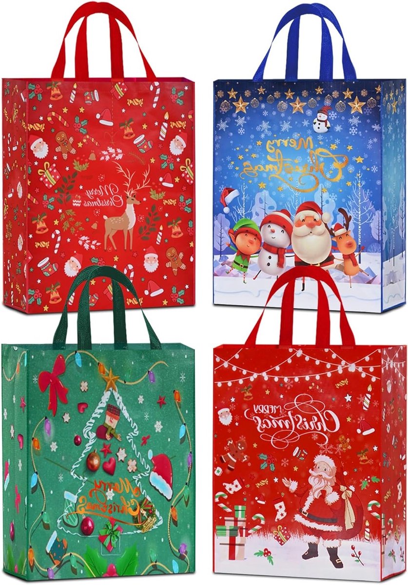 Extra grote kerst cadeauzakken 50x40x16cm, herbruikbare niet-geweven boodschappentassen voor feestdagen, kerstdecoraties en nieuwjaarsfeesten - 4 stuks