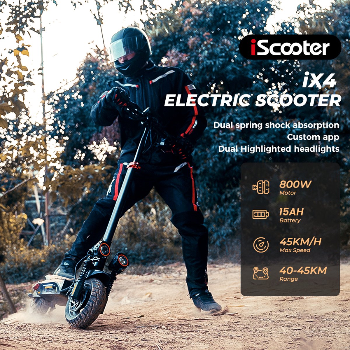 iScooter iX4 Elektrische scooter - 10‑inch honingraat‑off‑road banden - 40km actieradius - 800W motor - 48V15Ah accu - Maximaal laadvermogen 150 kg - zwart – foto 4