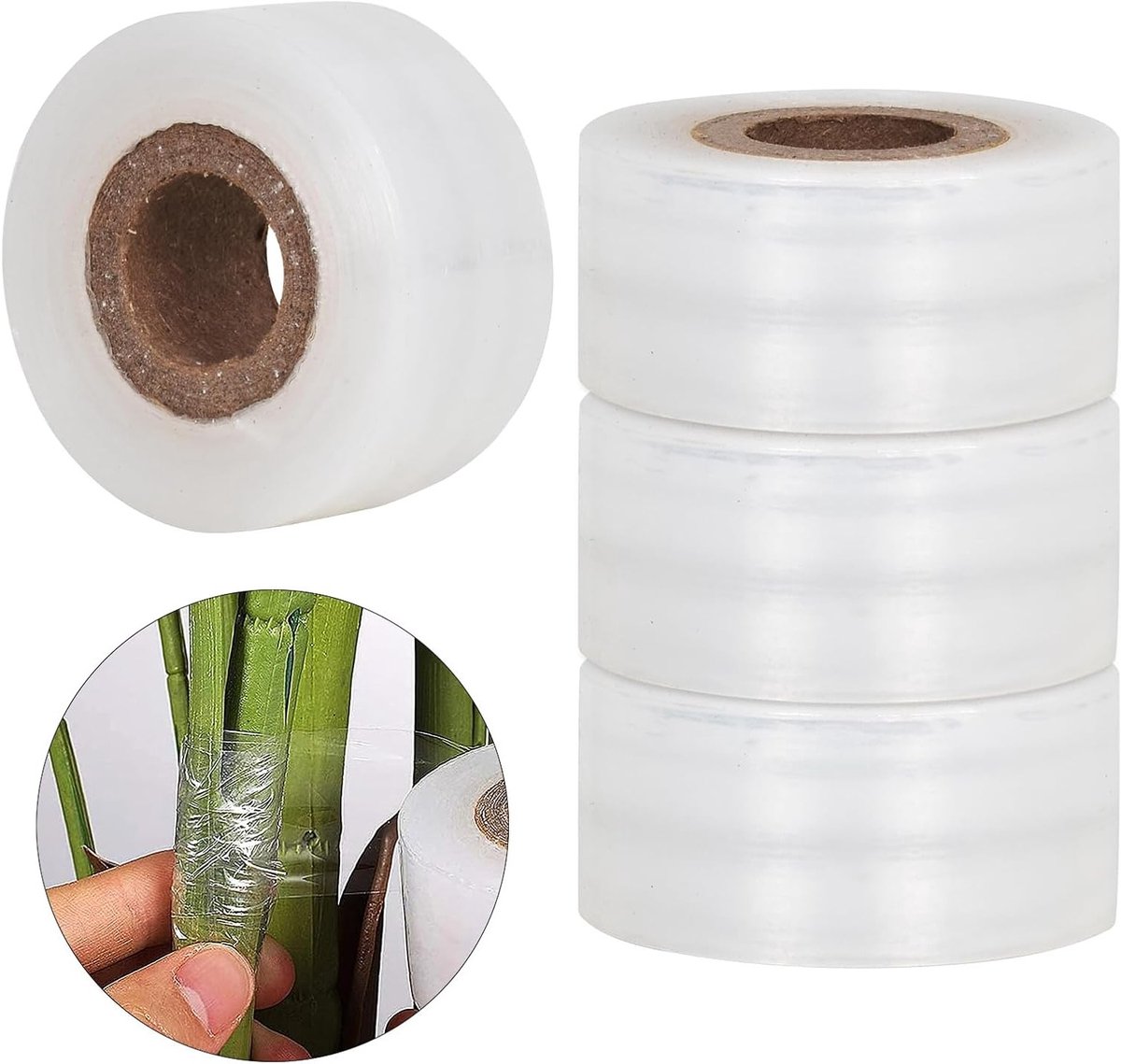 4 Rollen 100 m x 3 cm Transparante Rekbare Zelfklevende Groei Tape voor Planten, Tuin en Biologische Teelt