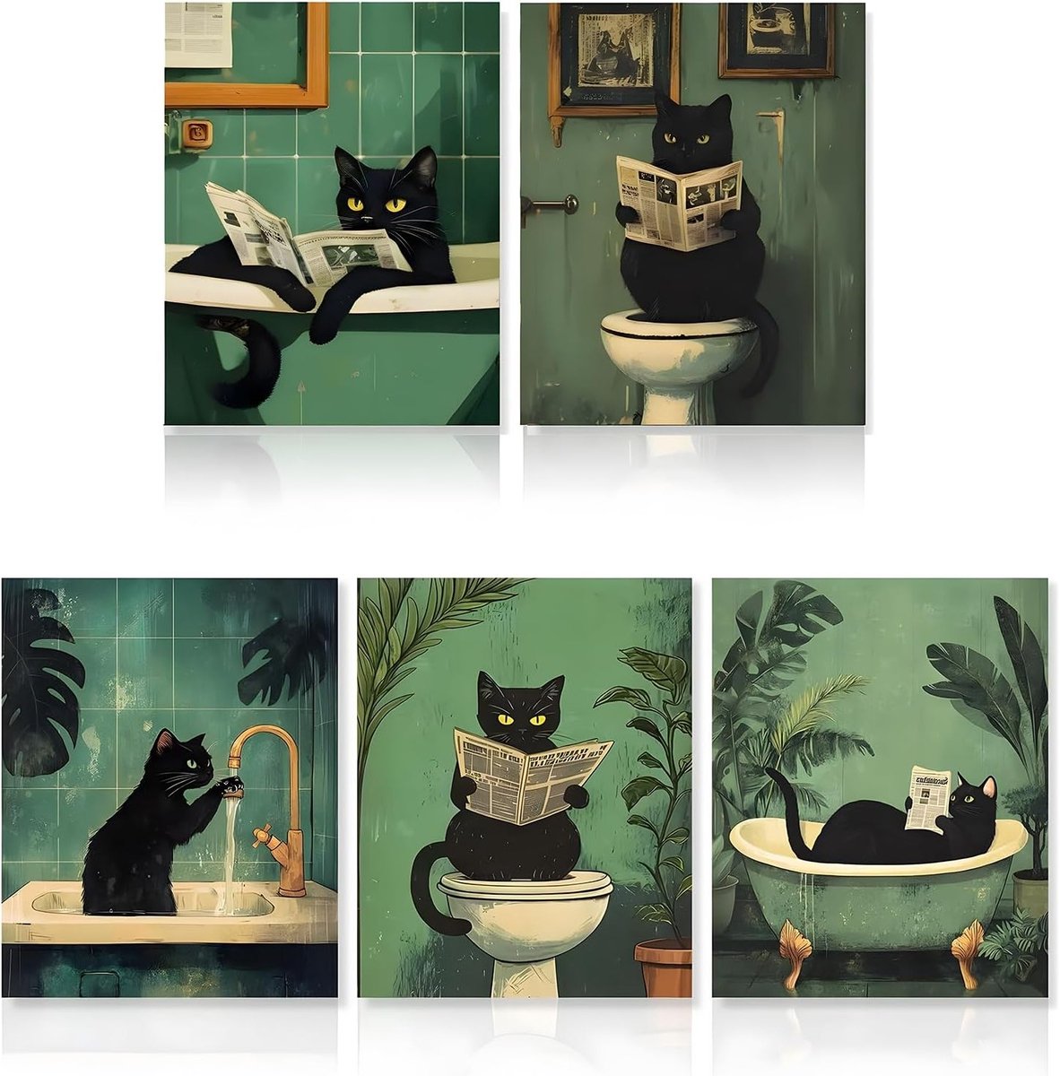 Set van 5 Vintage Cat Posters voor Badkamer - Humoristische Zwarte Kat Afbeeldingen 20x25cm, Waterdicht en Geschikt voor Toilet, Woonkamer en Slaapkamer