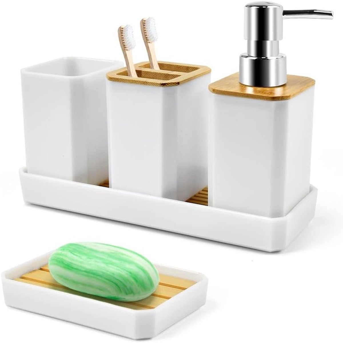 Moderne Badkameraccessoires Set van 5 Stukken met Zeepdispenser, Tandborstelhouder en Bamboe Coaster voor een Stijlvolle Badkamerinrichting