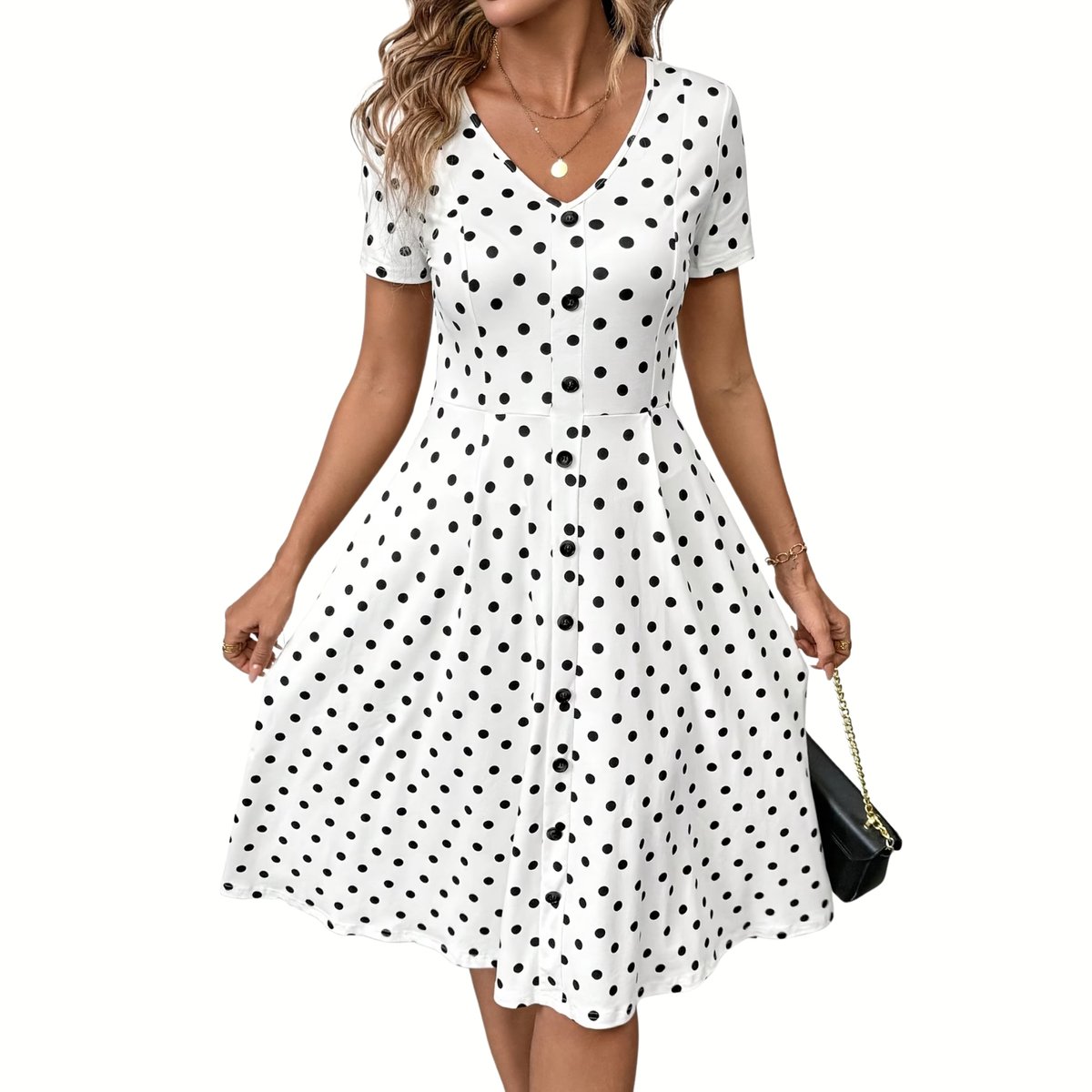 Currero Jurk Met Polkadots – Zomerjurk Dames Zomerjurken Midi Jurk Volwassenen Ibiza Stijl Sundress Dress L Witte Stippen