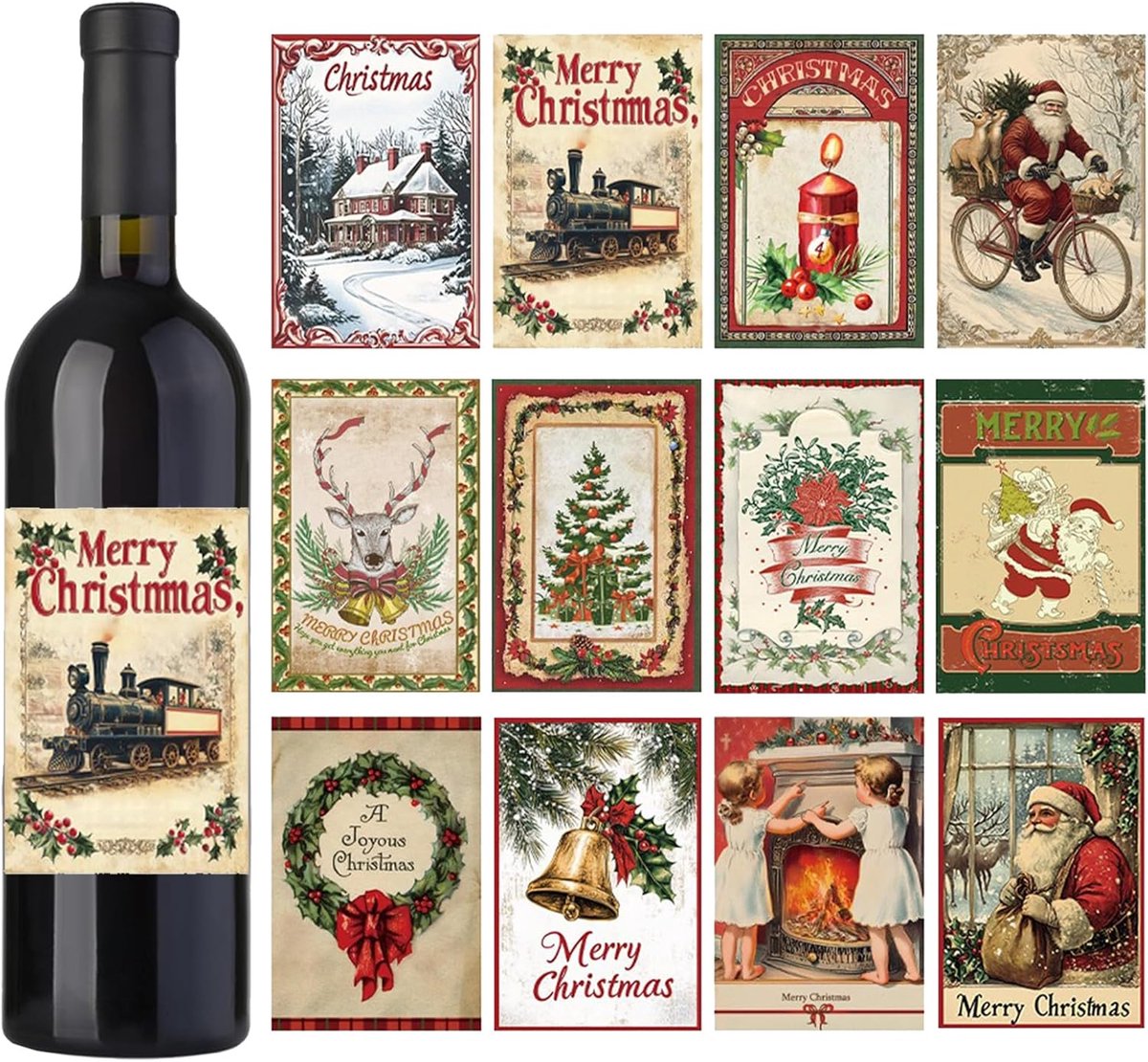 SnelShoppen - 48 Stuks Kerst Wijnfles Labels - Vintage Kerst Wijnfles Stickers - Drankverpakkingen voor Feest, Nieuwjaar, Decoratie - Hoogwaardige Zel