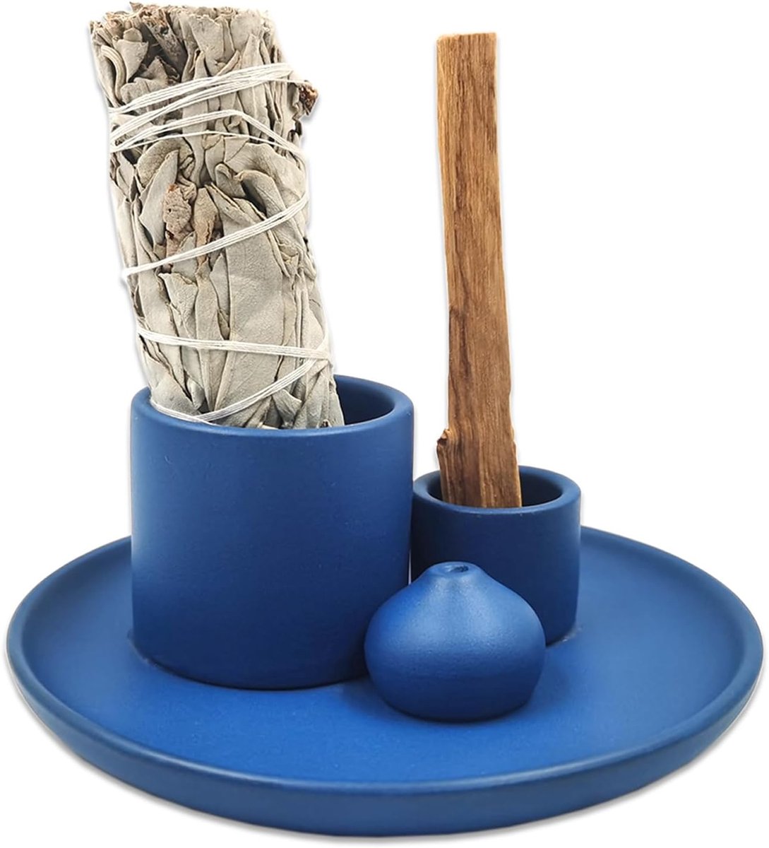 Palo Santo 3-in-1 Ceramic Incense Holder, White Sage, Ideal Home Decoration for Yoga Meditation Rooms (Blue) - ShopVlot