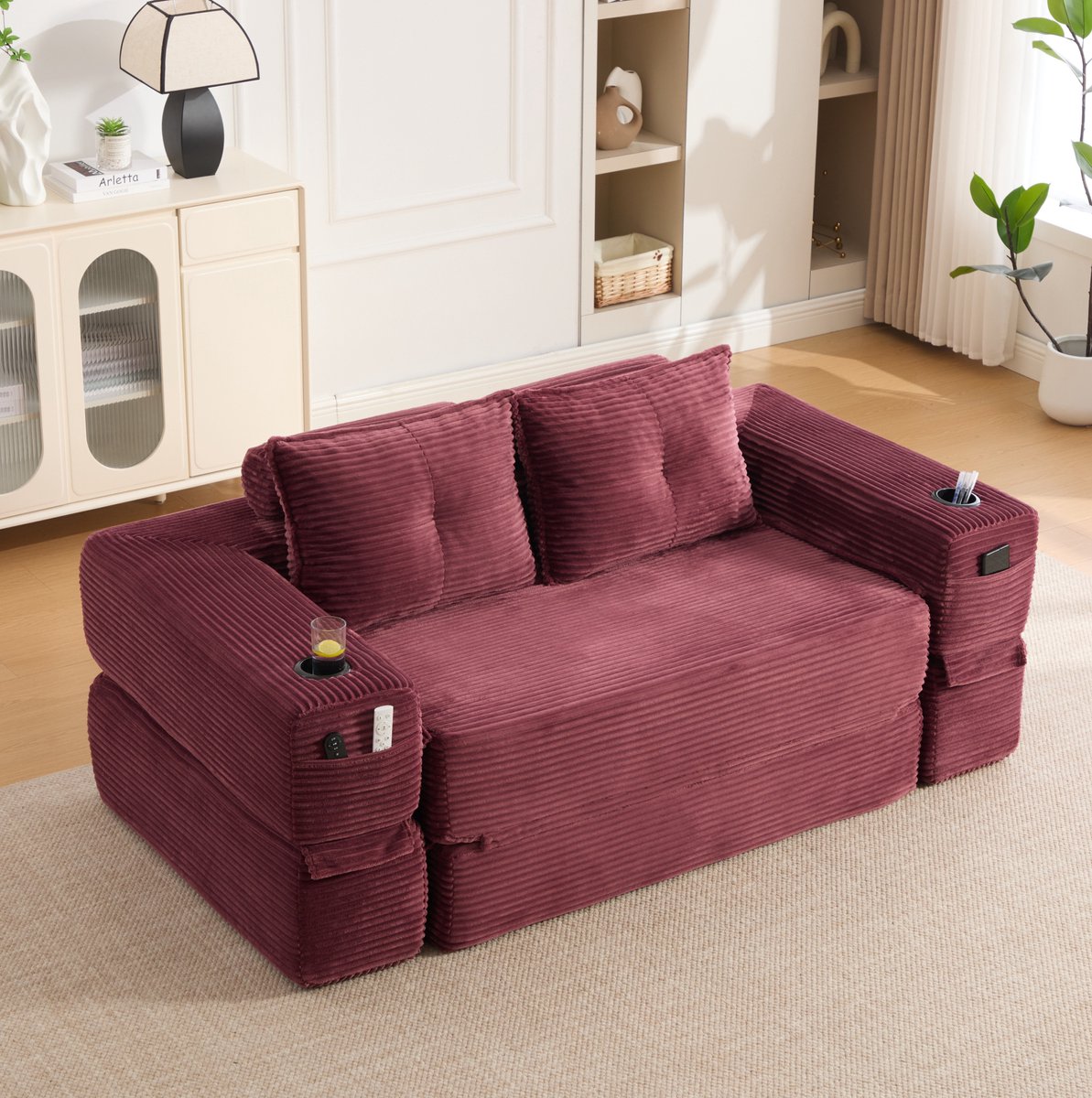 MIVRAY 2-Zits Slaapbank 180 x 98 x 80 cm - Opklapbaar Met Drinkhouder En Zijvakken - Voor Woonkamer En Logeerkamer - Cord - Wijnrood
