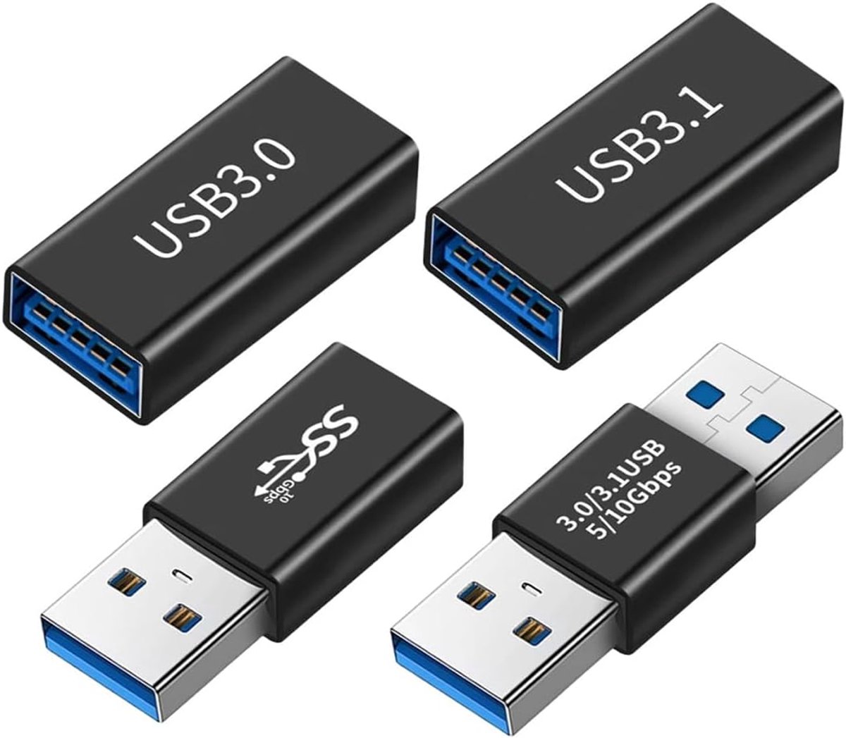 SnelShoppen - 4 Pack Hoge Snelheid USB 3.0 Adapter Verlengconnector Converter voor Verbinden van Twee USB Apparaten Zwart