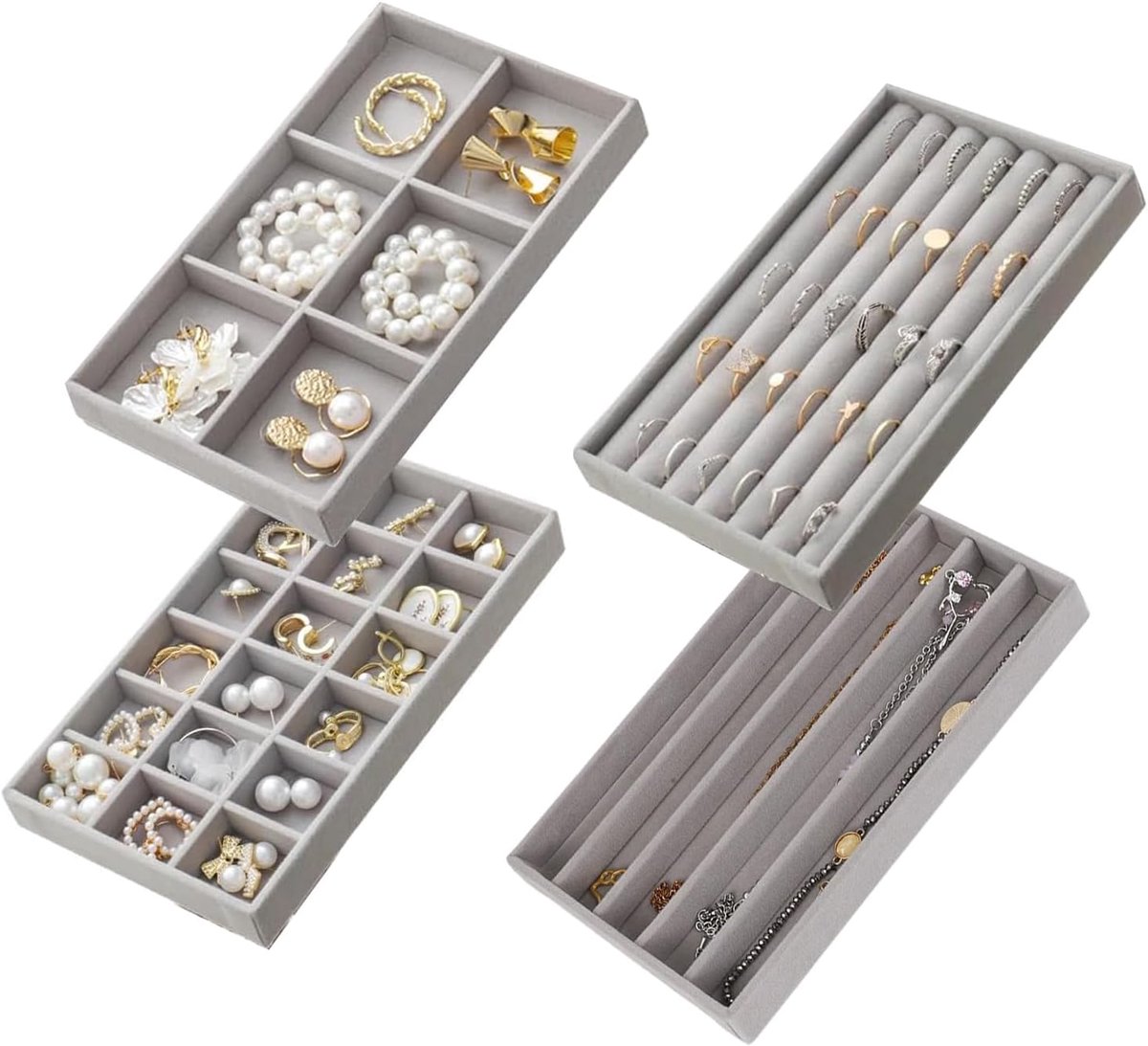 SnelShoppen - Set van 4 Velvet Sieraden Organizer voor Lade - Sieraden Opbergdoos voor Oorbellen, Ringen, Kettingen, Horloges en Armbanden - Grijs - P