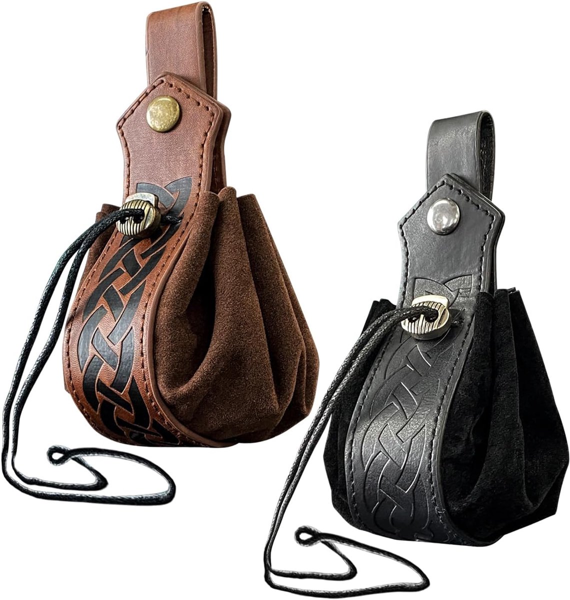 SnelShoppen - 2 Stuks Retro Heuptas, PU Leren Buiktas met Trekkoord, Mode Accessoires in Zwart en Bruin voor Mobiele Telefoons, Sleutels en Munten