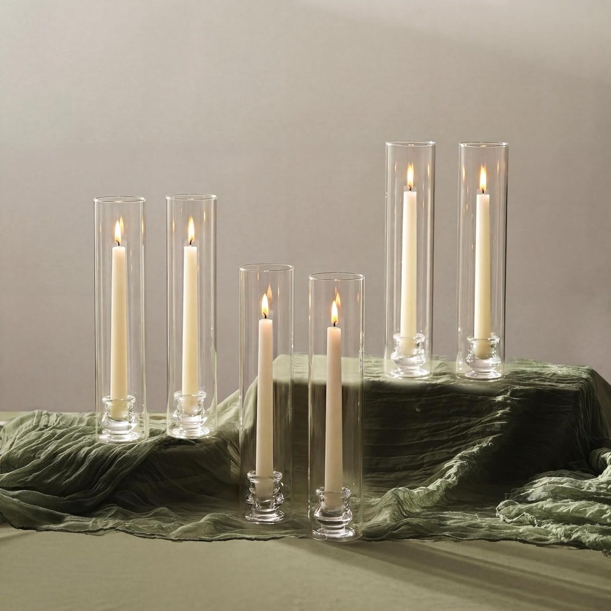 SnelShoppen - Set van 6 Kandelaar Taper Houders met Glazen Cilinder 30cm Hoog - Windbestendig Kandelaar voor Feest, Tuin, Kerst en Thanksgiving Decora
