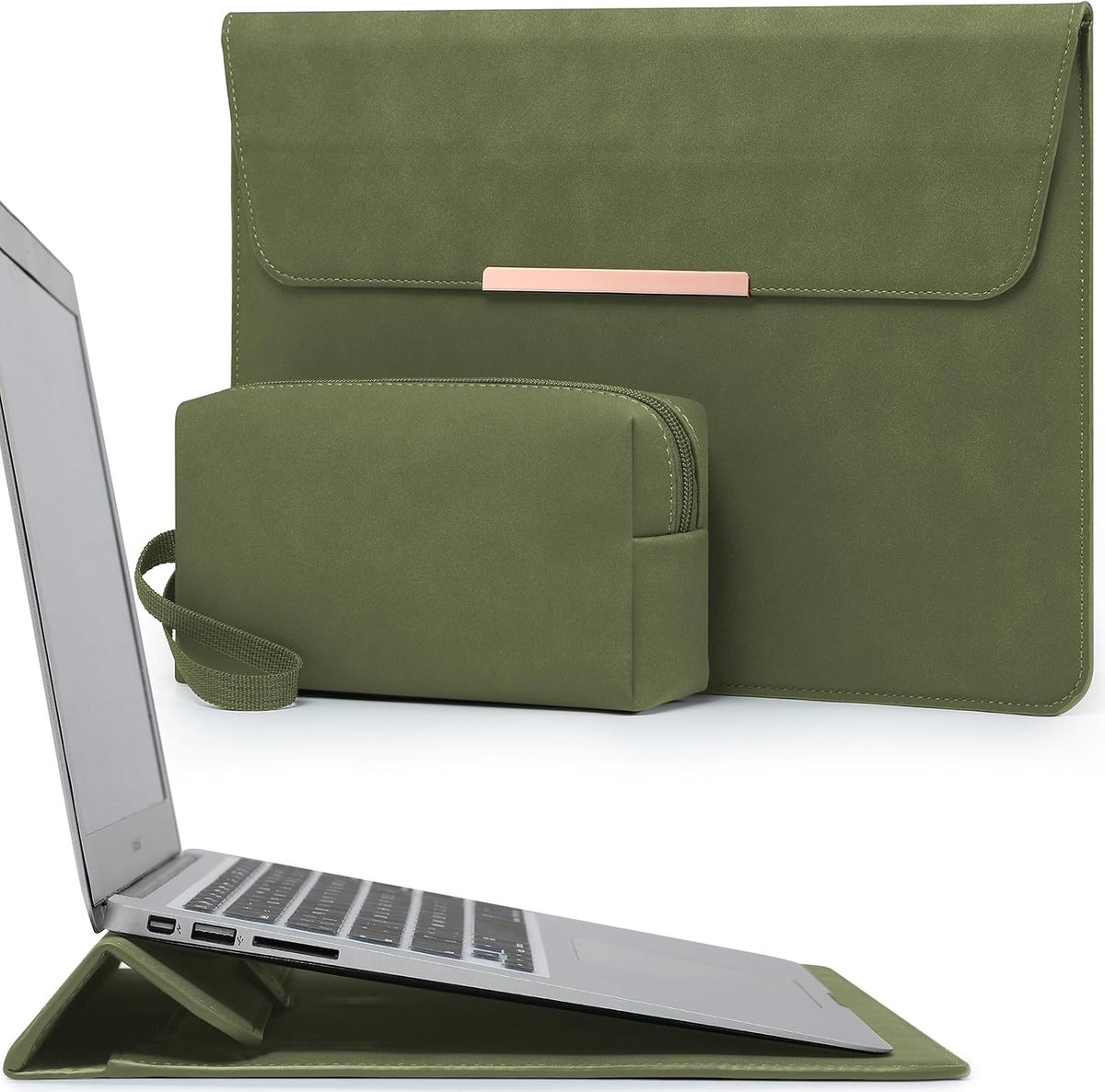 SnelShoppen - Laptop Sleeve Tas met Stand voor 13.3-14 Inch Laptops, Olijf Groen, Geschikt voor MacBook en HP Spectre, Waterdicht, Beschermend, Lichtg