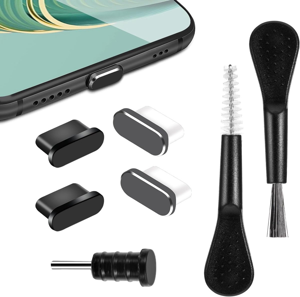 SnelShoppen - USB C stofbescherming set 4-delig met 1 koptelefoon jack, 2 borstels, USB C beschermhoes, mobiele telefoon accessoires, laadpoort besche