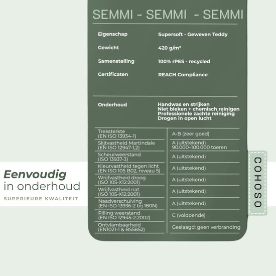 Technische specificaties van het teddy kussenmateriaal, inclusief sterkte en samenstelling.