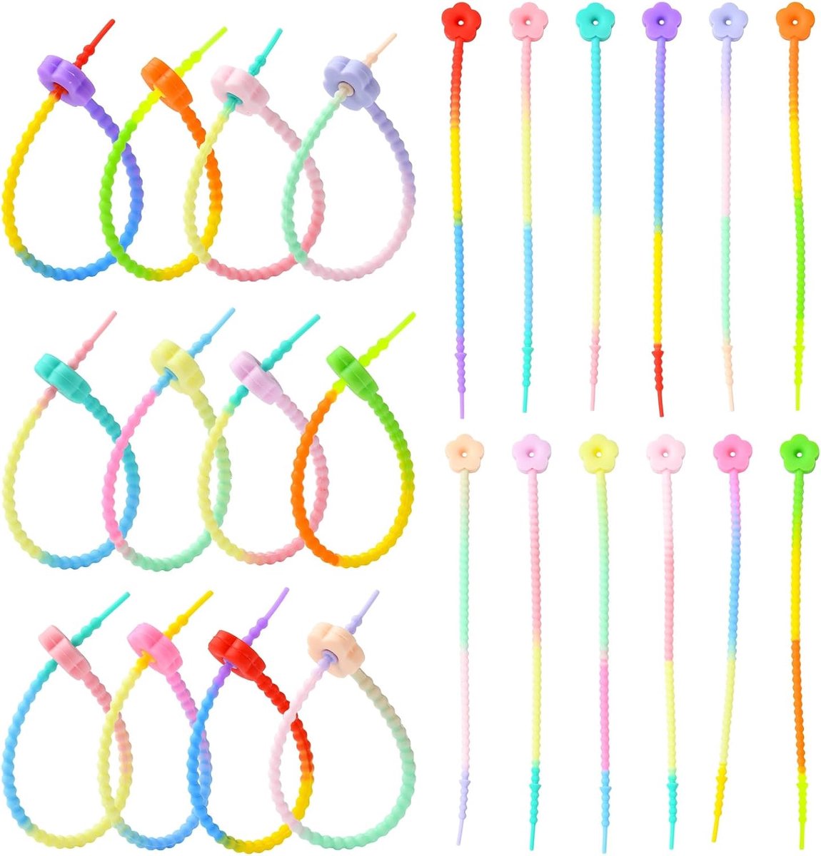 SnelShoppen - 24 Stuks Silicone Zip Ties in 12 Stijlen - Herbruikbare Kabelorganizer met Bloemtip - Ideaal voor Thuis, Kantoor en Bloemstukken - 4.5mm