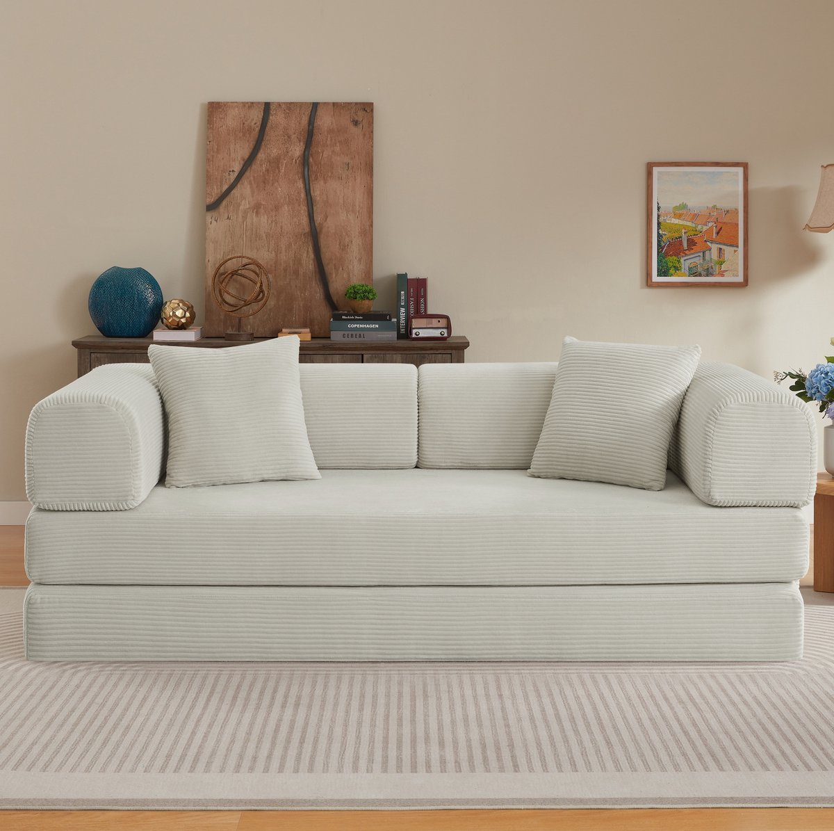 MIVRAY Slaapbank 3 Zits Beige Met Koudschuim En Stalen Frame Opvouwbare Bedbank Voor Woonkamer En Slaapkamer Inclusief 2 Kussens