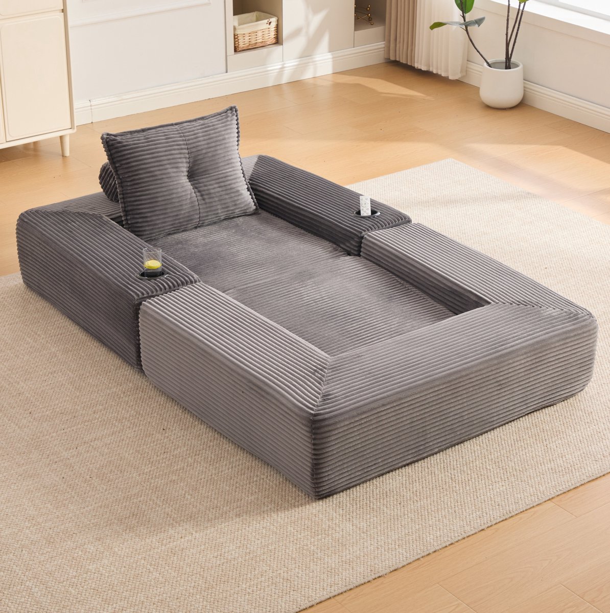 MIVRAY Slaapbank 1-Zits 122 Cm - Opklapbaar Met Cupholder En Zijvak - Voor Woning, Logeerkamer En Appartement - Cord Donkergrijs