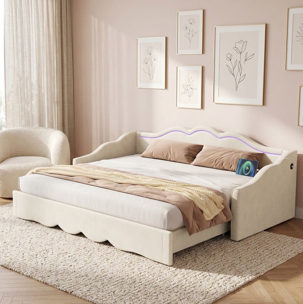 REDOM- Slaapbank - Uitklapbaar 90x200 cm naar 180x200 cm - LED-verlichting en USB-aansluiting - Stof - Beige - 218 x 102 x 81 cm