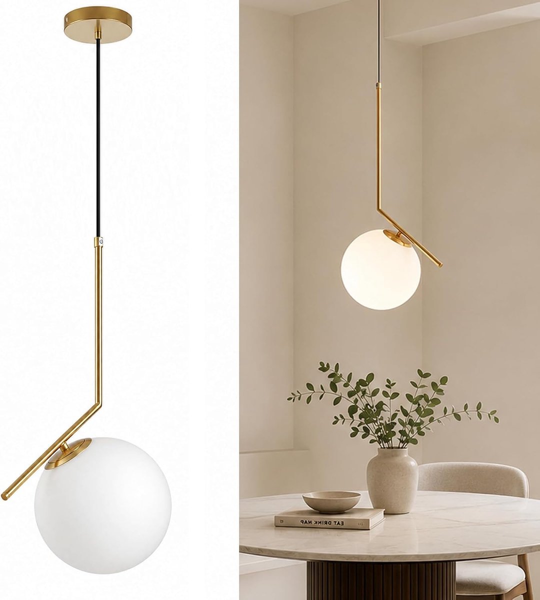 SnelShoppen - Moderne LED Gouden Hanglamp met Witte Glazen Bol Lampenkap, Verstelbare Kabel, Voor Keuken, Woonkamer en Eetkamer