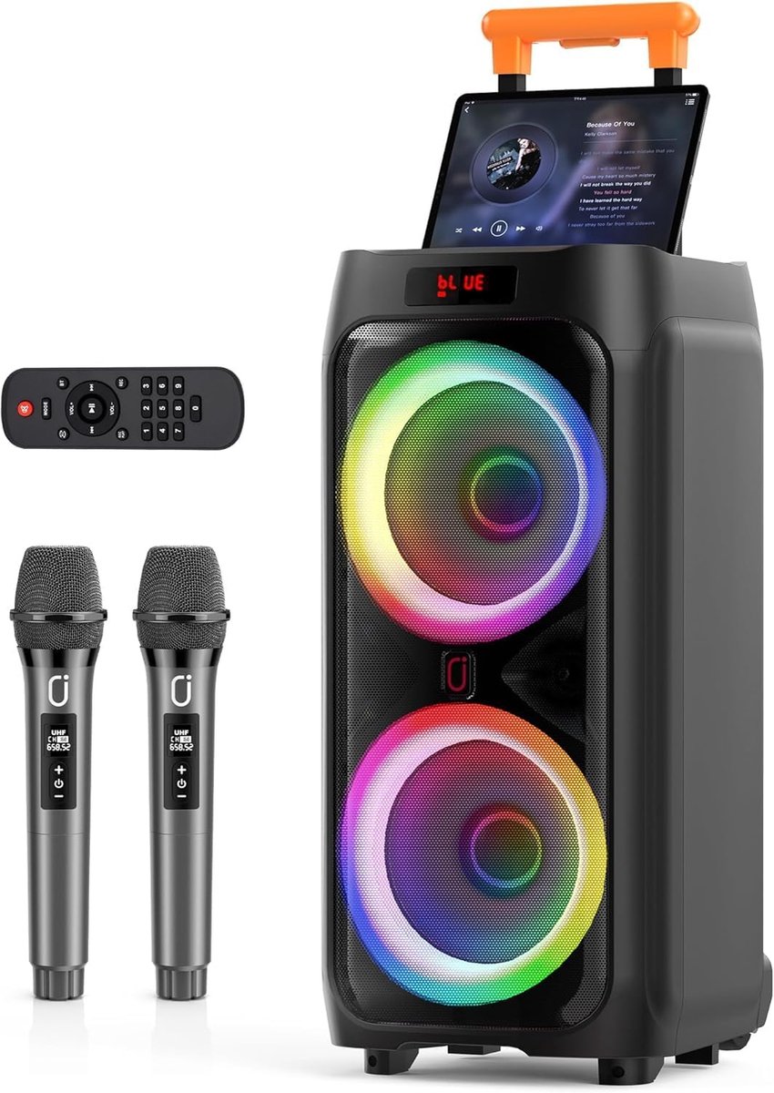 Karaoke machine met 2 draadloze microfoons - Bluetooth speaker 8 inch - 500W piekvermogen - feest met LED disco lichten - ShopVlot