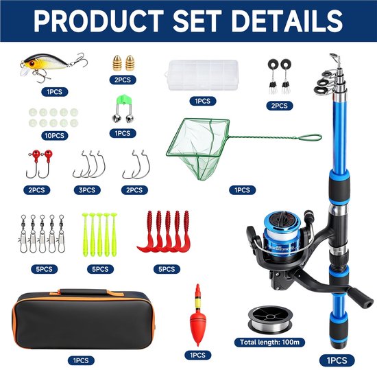 SnelShoppen - Visset voor Kinderen 180 cm - Complete Hengel voor Beginners - Telescopische Hengel met Rol, Aas, 100 m Snoer, Schepnet en Draagtas - He — afbeelding 5