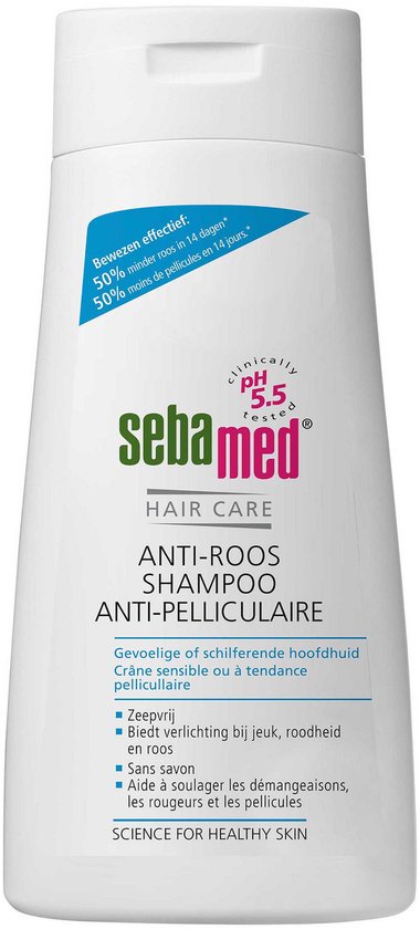 Witte Sebamed Anti-Roos Shampoo fles, 'Clinically tested pH 5.5', 50% minder roos in 14 dagen.