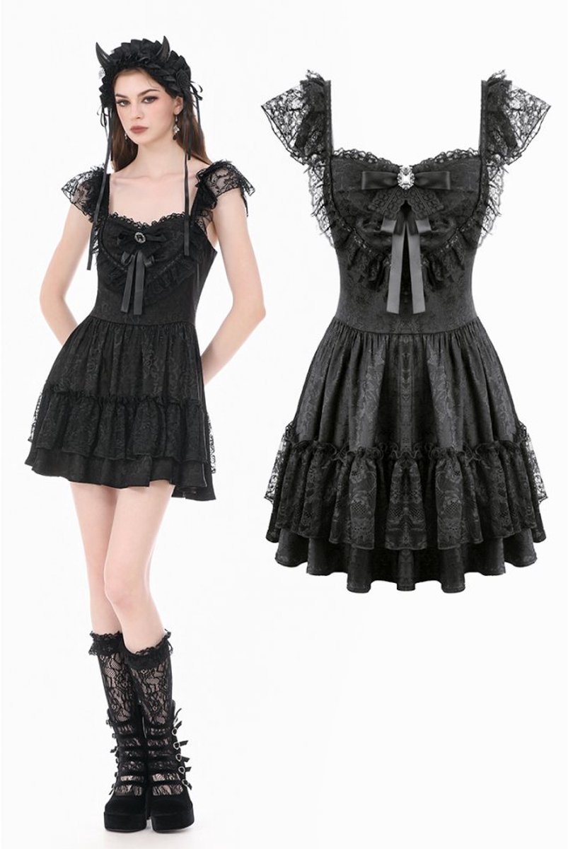 Dark in Love - Gothic Lolita Jacquard Lace FlutterSleeve Cake Mini jurk - S - Zwart